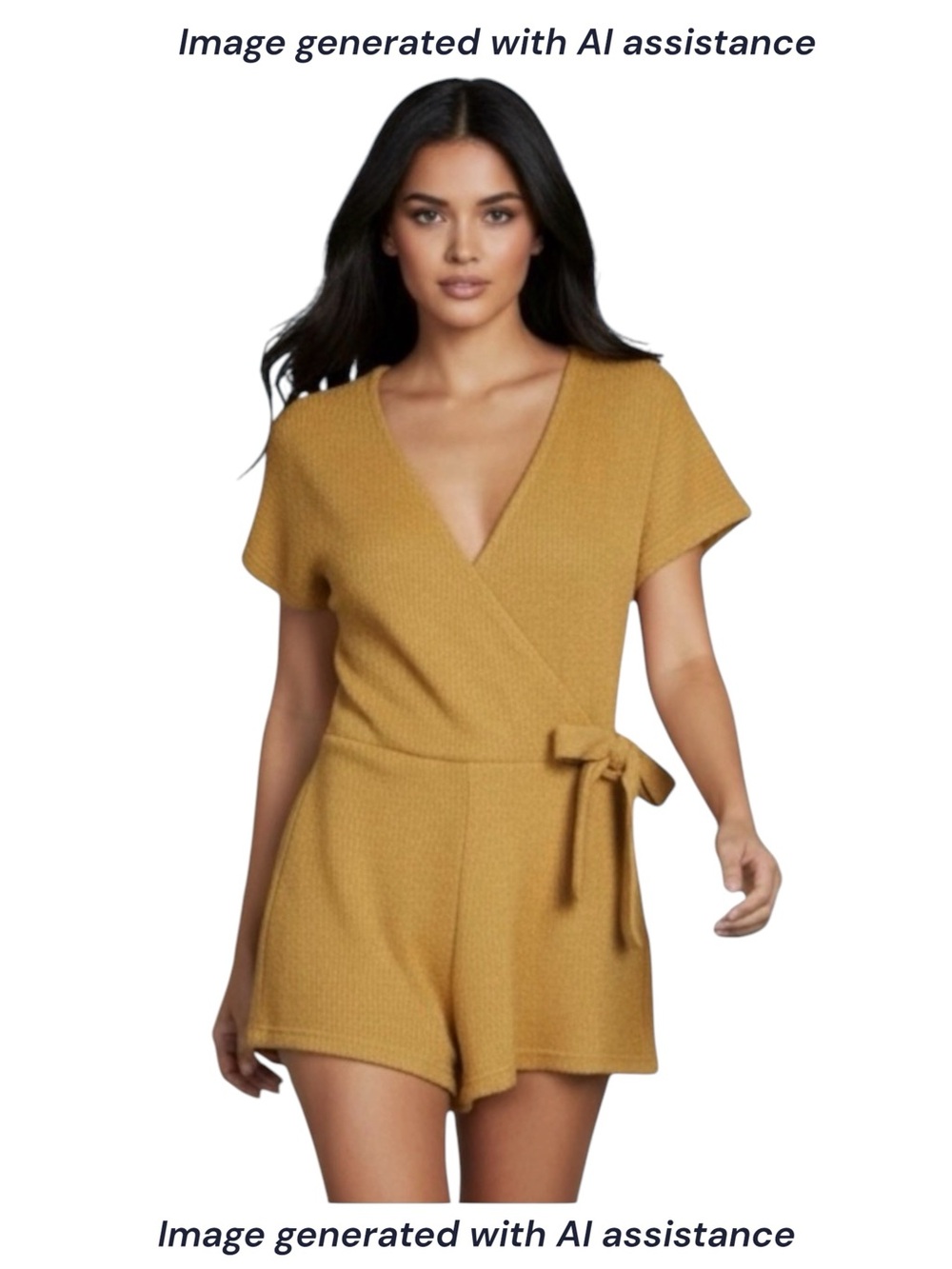Skies Are Blue S mustard knit wrap front romper with pockets